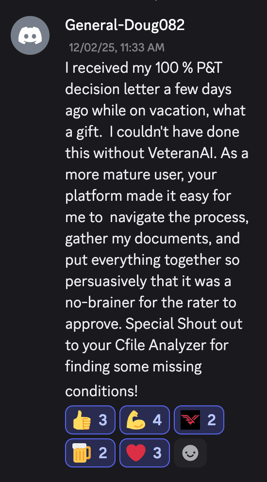 veteran ai quote from a user about cfile analyzer and how it helped with their vet claims ai