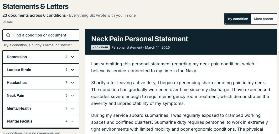 The VeteranAI Statements & Letters screen: 23 documents across 6 conditions, grouped by condition. A neck pain personal statement dated March 14, 2026 is open. It describes sharp neck pain that began shortly after active duty and worsened since, and service aboard submarines in cramped working spaces and confined quarters with poor ergonomic conditions.