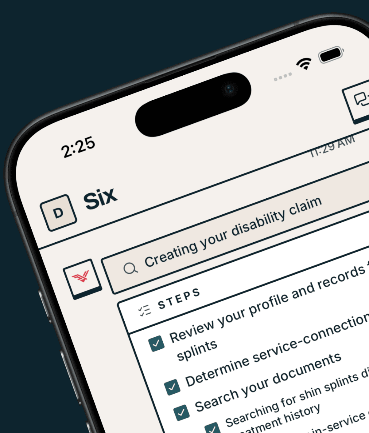 The VeteranAI iPhone app on the Six screen, running the steps of a disability claim: review your profile and records, determine service connection, search your documents.