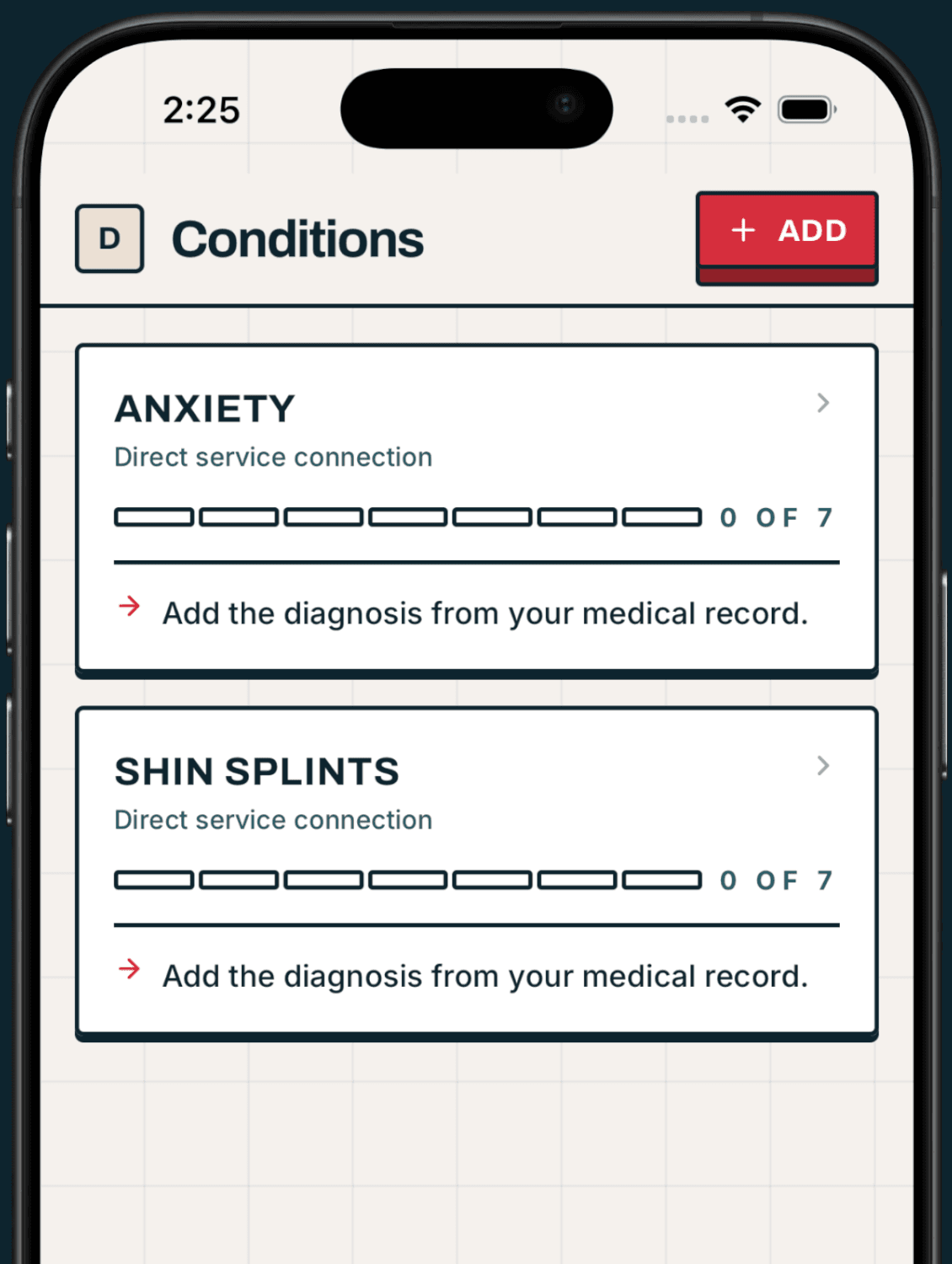 The Conditions screen of the VeteranAI iPhone app listing anxiety and shin splints, each with a direct service connection and an evidence meter reading 0 of 7.