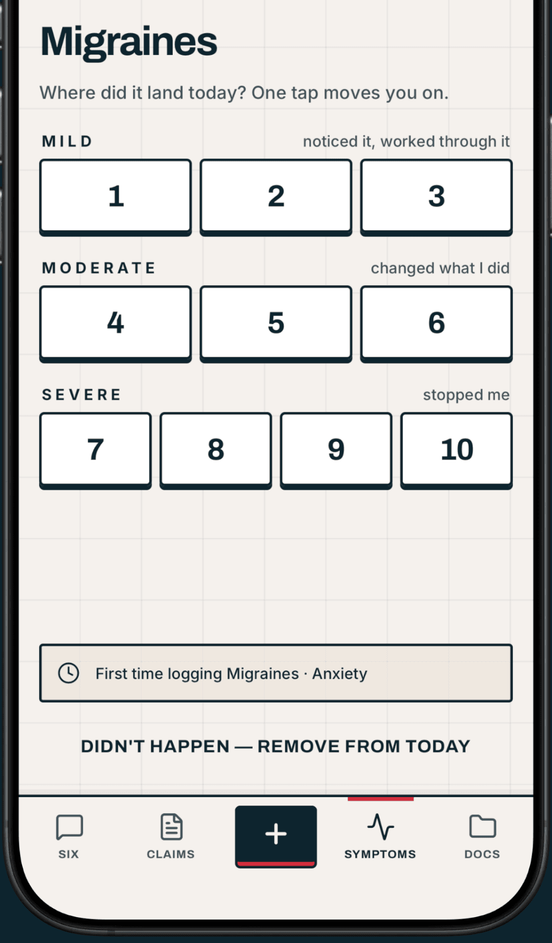 The symptom log for migraines in the VeteranAI iPhone app: a one-to-ten scale in three bands, mild, moderate and severe, logged with one tap.