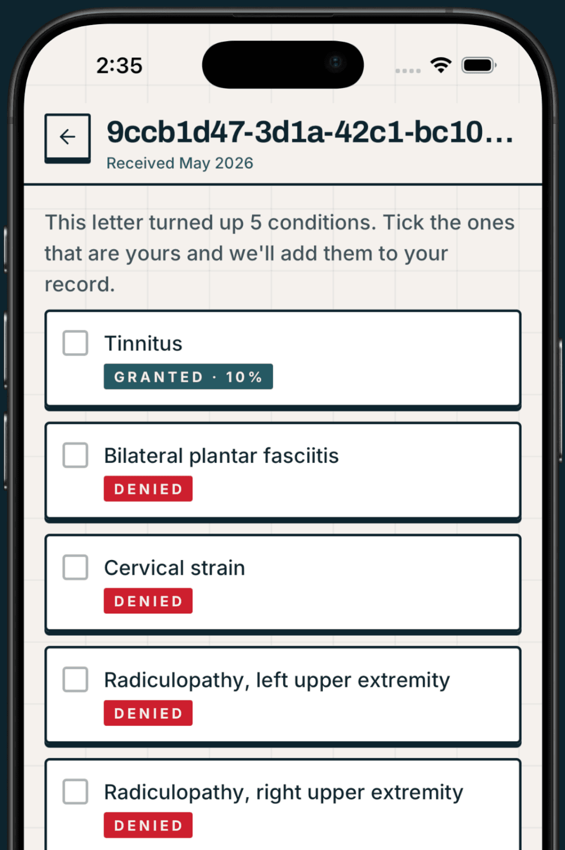 A decision letter read by the VeteranAI iPhone app: five conditions listed, tinnitus granted at ten percent, four denied, each with a box to tick and add to your record.