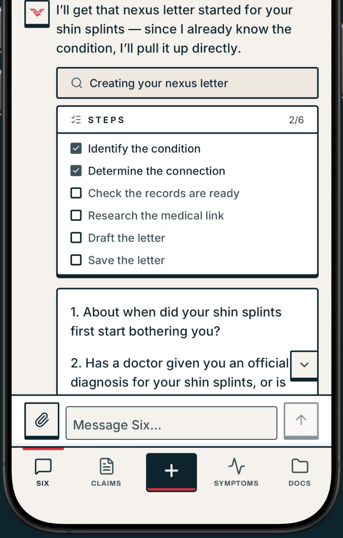 Six drafting a nexus letter for shin splints in the VeteranAI iPhone app, with a six-step checklist two steps in and a question about when the condition began.